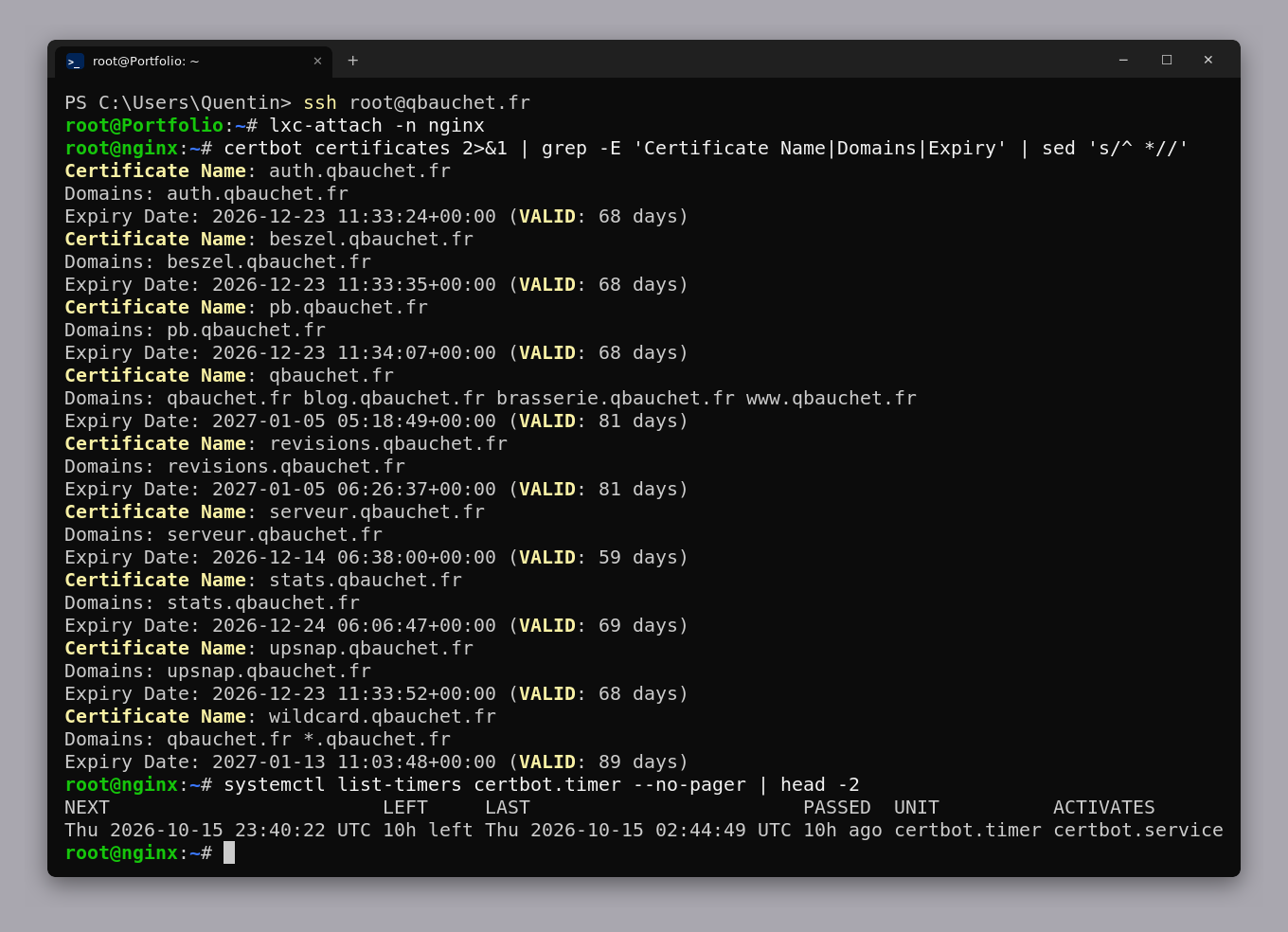 Terminal : liste des certificats Let's Encrypt valides et minuteur de renouvellement