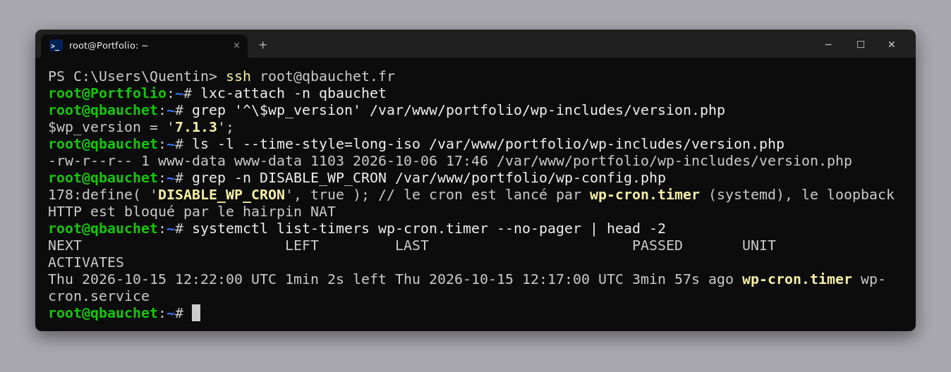 Terminal : WordPress en 7.1.3, fichier modifié le 06/10, DISABLE_WP_CRON et wp-cron.timer actifs
