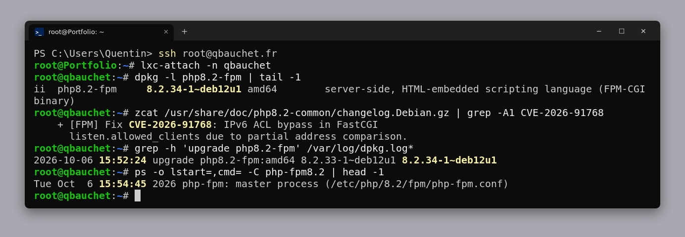 Terminal : php8.2-fpm 8.2.34 installé le 06/10 à 15:52, changelog contenant CVE-2026-91768, processus redémarré à 15:54