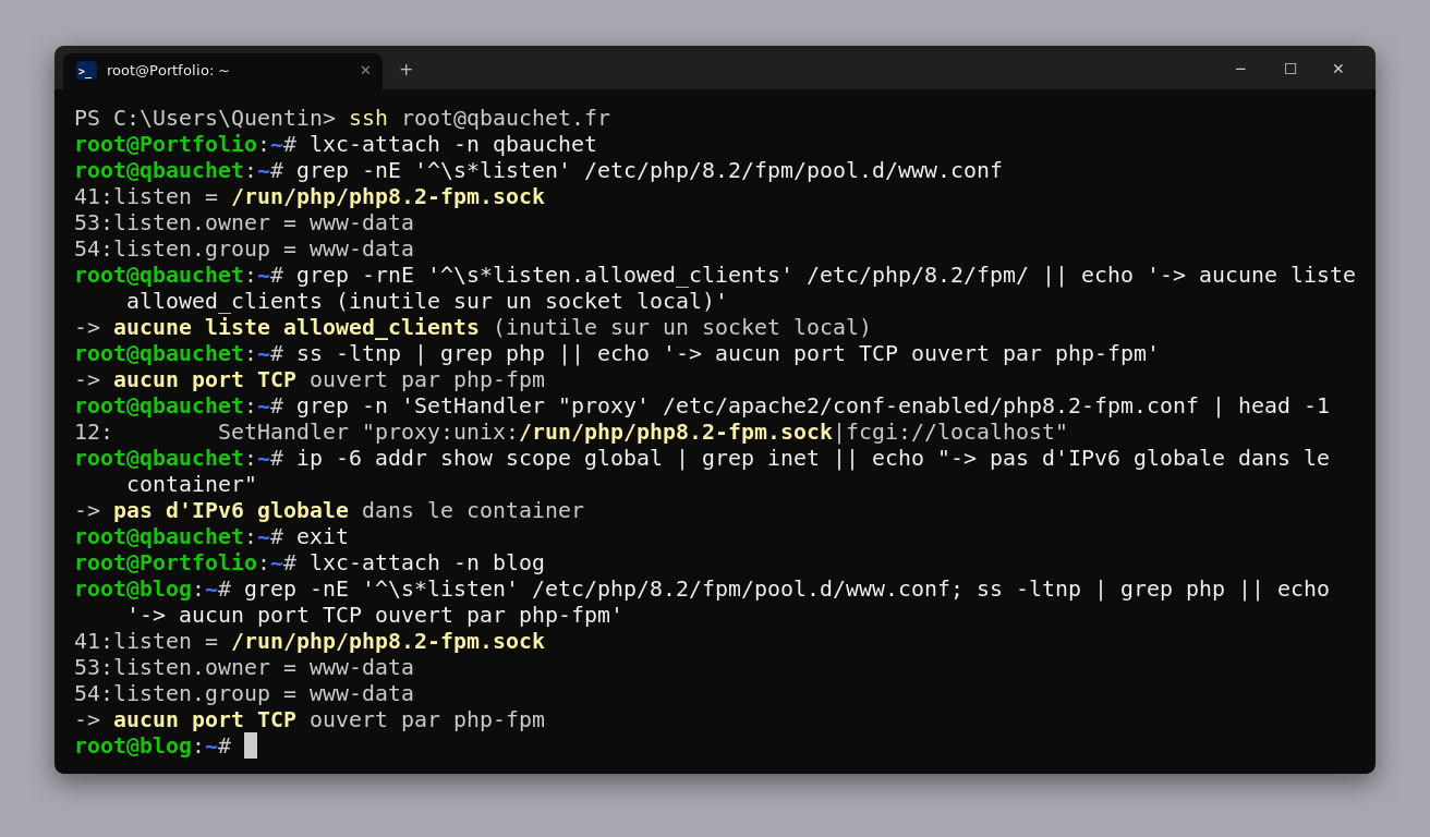 Terminal : PHP-FPM écoute sur un socket Unix, aucun port TCP, aucune liste allowed_clients, pas d'IPv6 globale