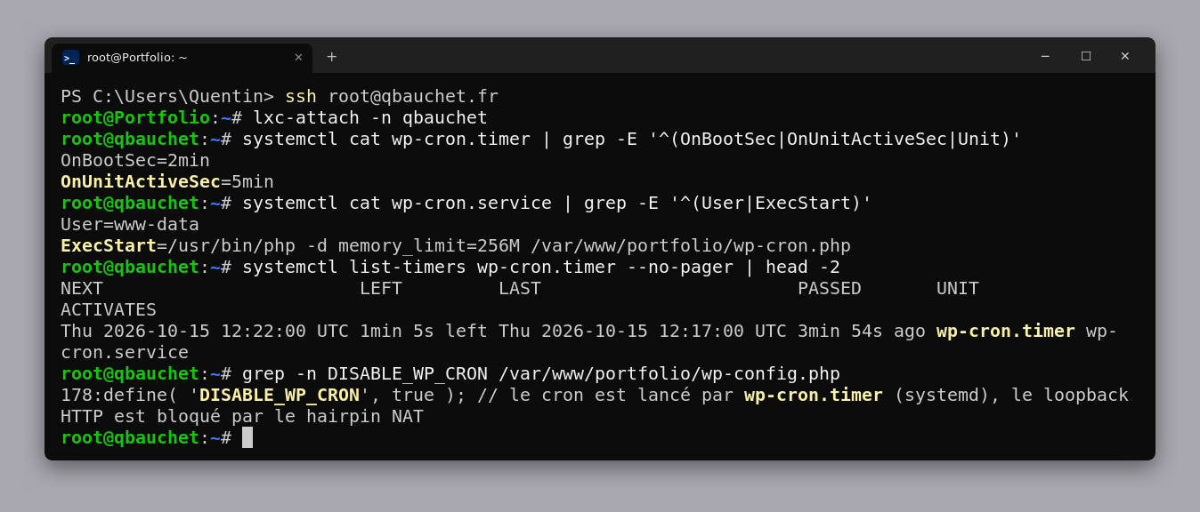 Session SSH depuis PowerShell : wp-cron.timer toutes les 5 minutes, service lancé en www-data, DISABLE_WP_CRON dans wp-config.php